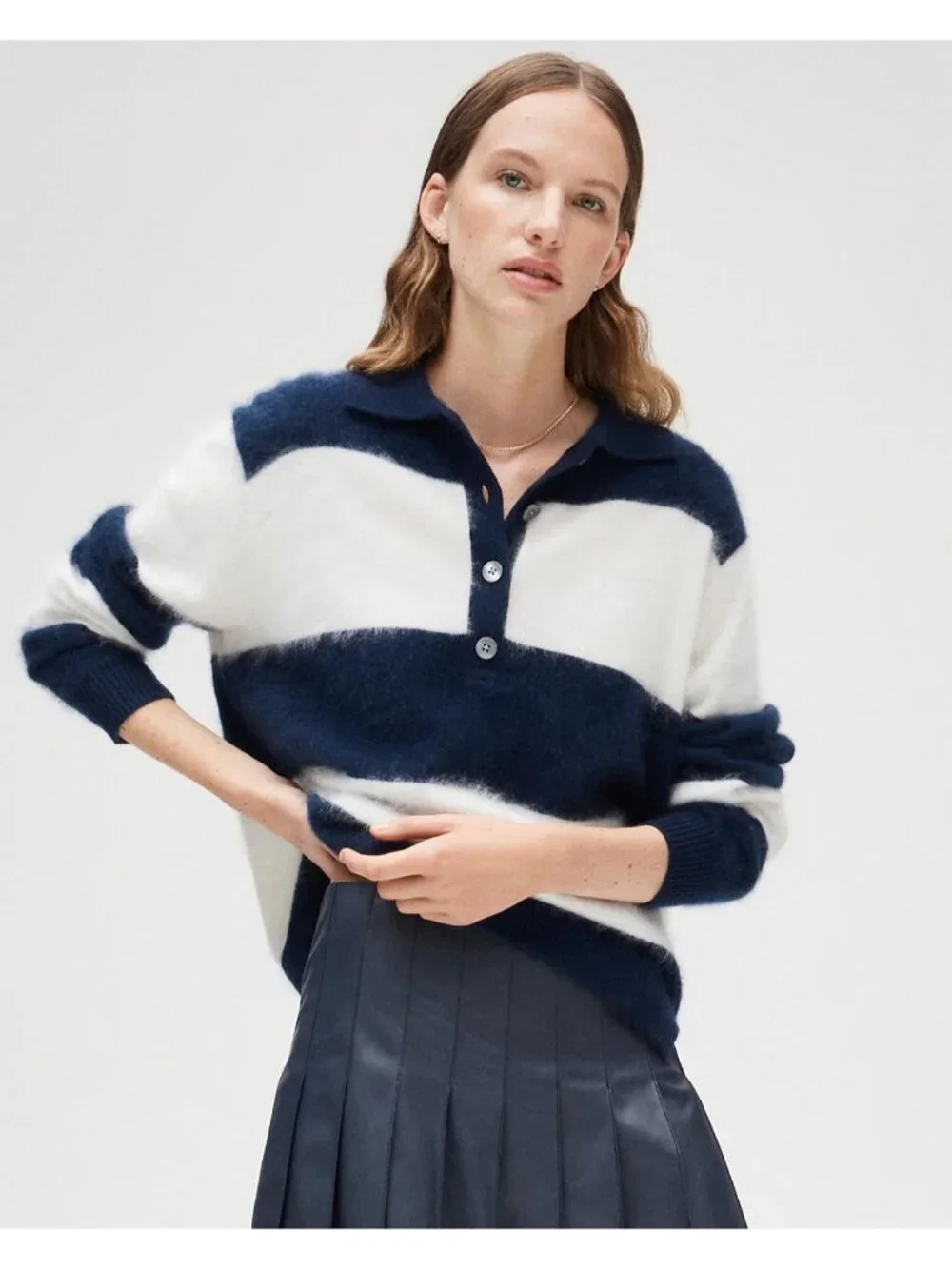 NWT J.Crew Brushed Cashmere Rugby Sweater in  Navy Snow Stripe Henley Polo L